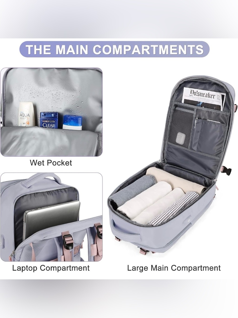 Coofay Travel Airline Approved Carry On Backpack - Lavender/Pink - Picture 5 of 16